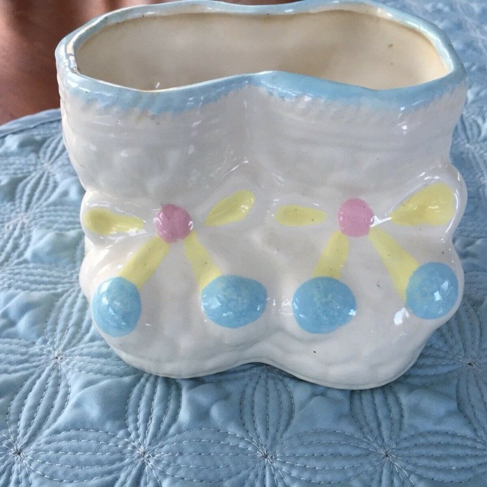 Vintage Blue Baby Booties Shower Nursery Planter